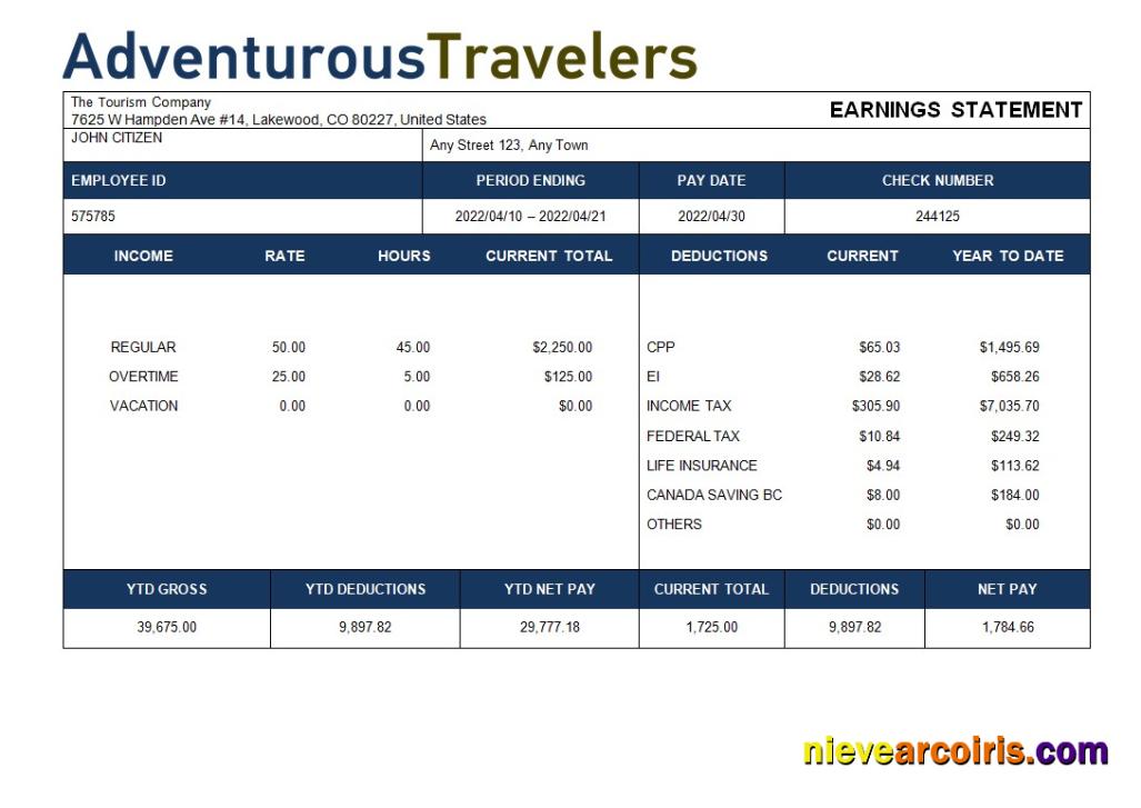 tourism company paystub
